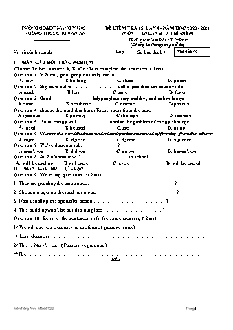 Đề kiểm tra 15 phút năm học 2020-2021 môn Tiếng Anh 7 (Hệ 10 năm) lần 4 - Trường THCS Chu Văn An (Có đáp án)