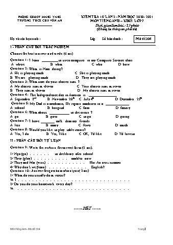 Đề kiểm tra 15 phút năm học 2020-2021 môn Tiếng Anh 7 lần 2 - Trường THCS Chu Văn An (Có đáp án)