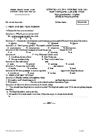 Đề kiểm tra 15 phút năm học 2020-2021 môn Tiếng Anh 8 (Hệ 7 năm) lần 2 - Trường THCS Chu Văn An