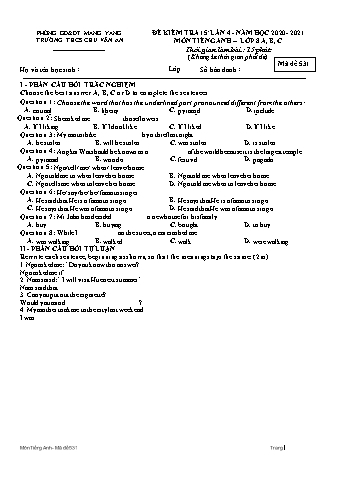 Đề kiểm tra 15 phút năm học 2020-2021 môn Tiếng Anh 8 lần 4 - Trường THCS Chu Văn An