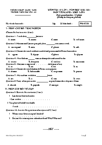 Đề kiểm tra 15 phút năm học 2020-2021 môn Tiếng Anh 9 lần 1 - Trường THCS Chu Văn An (Có đáp án)