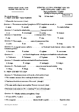 Đề kiểm tra 15 phút năm học 2020-2021 môn Tiếng Anh 9 lần 4 - Trường THCS Chu Văn An (Có đáp án)