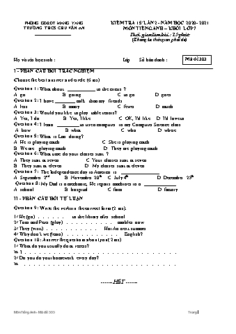 Đề kiểm tra 15 phút năm học 2020-2021 môn Tiếng Anh Lớp 7 lần 2 - Trường THCS Chu Văn An (Có đáp án)