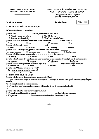 Đề kiểm tra 15 phút năm học 2020-2021 môn Tiếng Anh Lớp 8 (Hệ 7 năm) lần 2 - Trường THCS Chu Văn An