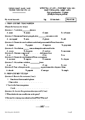 Đề kiểm tra 15 phút năm học 2020-2021 môn Tiếng Anh Lớp 9 lần 1 - Trường THCS Chu Văn An (Có đáp án)