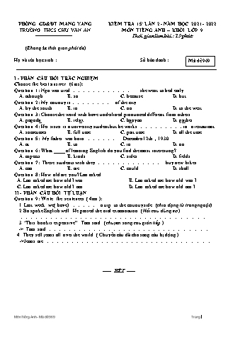Đề kiểm tra 15 phút năm học 2021-2022 môn Tiếng Anh Lớp 9 lần 2 - Trường THCS Chu Văn An (Có đáp án)