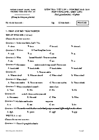 Đề kiểm tra 45 phút môn Tiếng Anh 6 lần 1 năm học 2018-2019 - Trường THCS Chu Văn An (Có đáp án + Ma trận)