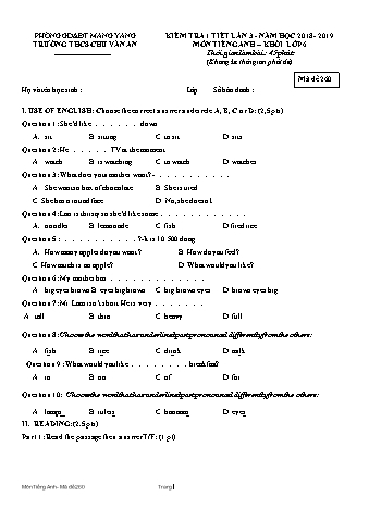 Đề kiểm tra 45 phút môn Tiếng Anh 6 lần 3 năm học 2018-2019 - Trường THCS Chu Văn An (Có đáp án + Ma trận)