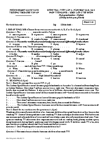 Đề kiểm tra 45 phút môn Tiếng Anh 6 lần 3 năm học 2018-2019 - Trường THCS Chu Văn An (Có ma trận)