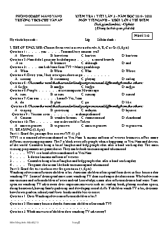 Đề kiểm tra 45 phút môn Tiếng Anh 6 lần 3 năm học 2019-2020 - Trường THCS Chu Văn An