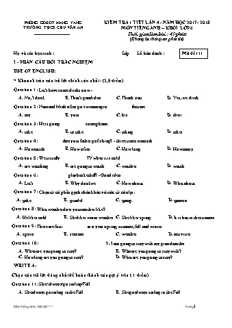 Đề kiểm tra 45 phút môn Tiếng Anh 6 lần 4 năm học 2017-2028 - Trường THCS Chu Văn An (Có đáp án + Ma trận)