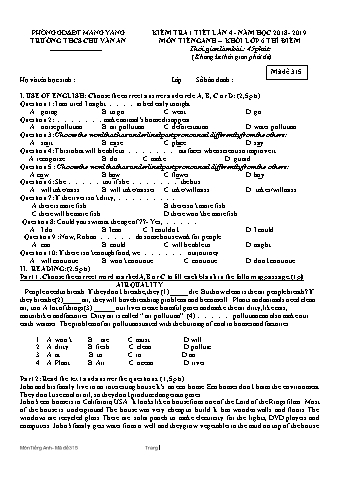 Đề kiểm tra 45 phút môn Tiếng Anh 6 lần 4 năm học 2018-2019 - Trường THCS Chu Văn An (Có đáp án + Ma trận)