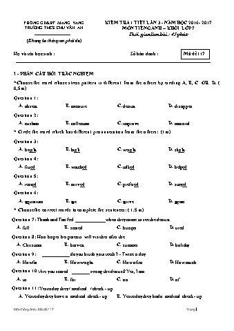 Đề kiểm tra 45 phút môn Tiếng Anh 7 lần 3 năm học 2016-2017 - Trường THCS Chu Văn An (Có đáp án + Ma trận)