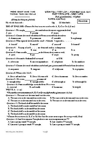 Đề kiểm tra 45 phút môn Tiếng Anh 8 lần 1 năm học 2018-2019 - Trường THCS Chu Văn An (Có đáp án + Ma trận)