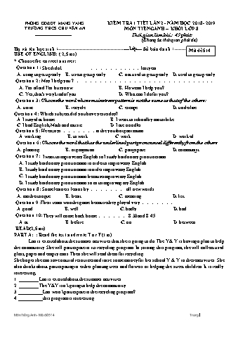 Đề kiểm tra 45 phút môn Tiếng Anh 8 lần 2 năm học 2018-2019 - Trường THCS Chu Văn An (Có đáp án + Ma trận)