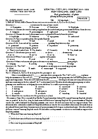 Đề kiểm tra 45 phút môn Tiếng Anh 8 lần 2 năm học 2019-2020 - Trường THCS Chu Văn An (Có đáp án + Ma trận)