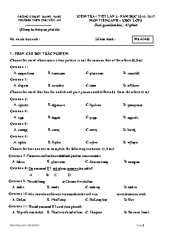 Đề kiểm tra 45 phút môn Tiếng Anh 8 lần 3 năm học 2016-2017 - Trường THCS Chu Văn An (Có đáp án + Ma trận)