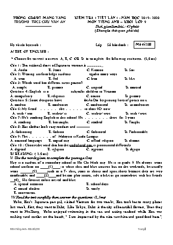 Đề kiểm tra 45 phút môn Tiếng Anh 9 lần 1 năm học 2019-2020 - Trường THCS Chu Văn An