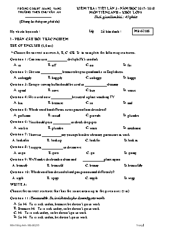 Đề kiểm tra 45 phút môn Tiếng Anh 9 lần 3 năm học 2017-2018 - Trường THCS Chu Văn An (Có đáp án + Ma trận)