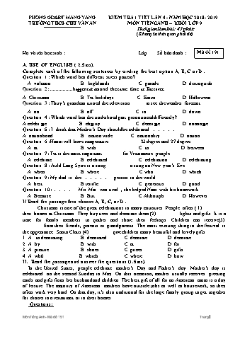 Đề kiểm tra 45 phút môn Tiếng Anh 9 lần 4 năm học 2018-2019 - Trường THCS Chu Văn An (Có đáp án + Ma trận)