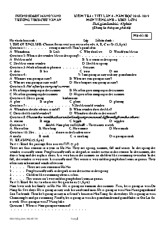 Đề kiểm tra 45 phút môn Tiếng Anh Khối 6 lần 4 năm học 2018-2019 - Trường THCS Chu Văn An (Có đáp án + Ma trận)