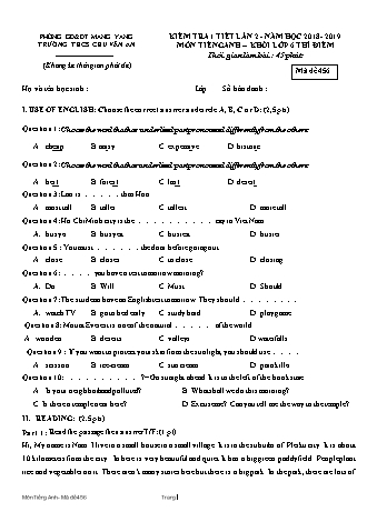 Đề kiểm tra 45 phút môn Tiếng Anh Lớp 6 lần 2 năm học 2018-2019 - Trường THCS Chu Văn An (Có đáp án + Ma trận)