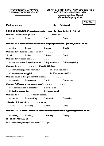 Đề kiểm tra 45 phút môn Tiếng Anh Lớp 6 lần 3 năm học 2018-2019 - Trường THCS Chu Văn An (Có đáp án + Ma trận)