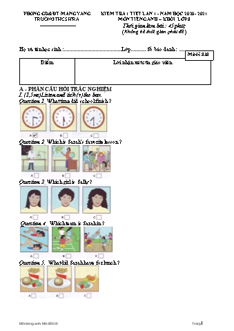 Đề kiểm tra 45 phút môn Tiếng Anh Lớp 8 lần 1 năm học 2020-2021 - Trường THCS Hra (Có đáp án + Ma trận)