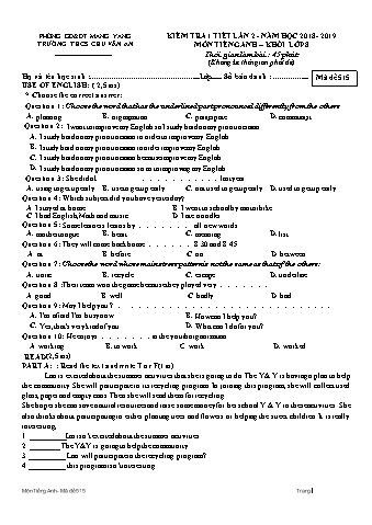 Đề kiểm tra 45 phút môn Tiếng Anh Lớp 8 lần 2 năm học 2018-2019 - Trường THCS Chu Văn An