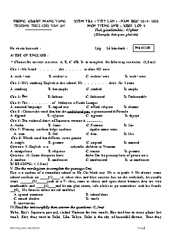 Đề kiểm tra 45 phút môn Tiếng Anh Lớp 9 lần 1 năm học 2019-2020 - Trường THCS Chu Văn An