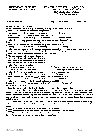 Đề kiểm tra 45 phút môn Tiếng Anh Lớp 9 lần 2 năm học 2018-2019 - Trường THCS Chu Văn An (Có đáp án + Ma trận)