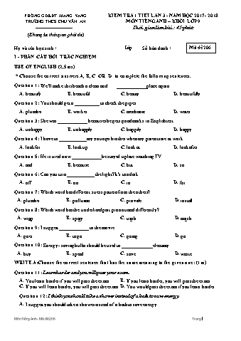 Đề kiểm tra 45 phút môn Tiếng Anh Lớp 9 lần 3 năm học 2017-2018 - Trường THCS Chu Văn An (Có đáp án + Ma trận)