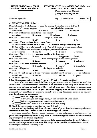 Đề kiểm tra 45 phút môn Tiếng Anh Lớp 9 lần 3 năm học 2018-2019 - Trường THCS Chu Văn An (Có đáp án + Ma trận)