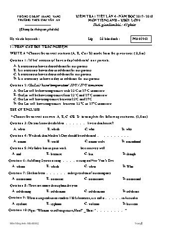 Đề kiểm tra 45 phút môn Tiếng Anh Lớp 9 lần 4 năm học 2017-2018 - Trường THCS Chu Văn An (Có đáp án + Ma trận)