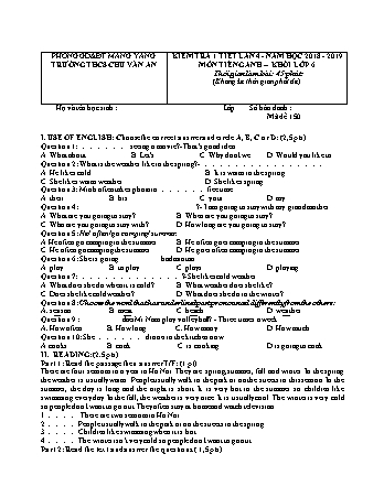Đề kiểm tra 45 phút năm học 2018-2019 môn Tiếng Anh 6 lần 4 - Trường THCS Chu Văn An