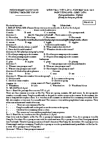 Đề kiểm tra 45 phút năm học 2018-2019 môn Tiếng Anh Khối 6 lần 4 - Trường THCS Chu Văn An (Có đáp án + Ma trận)