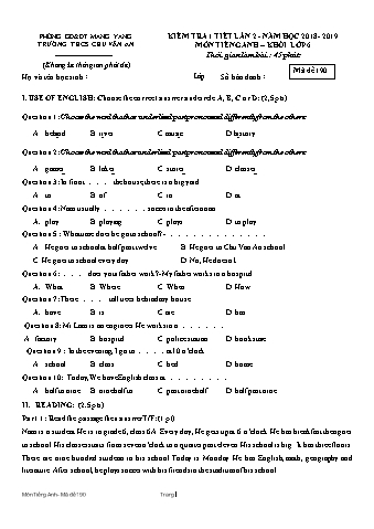 Đề kiểm tra 45 phút năm học 2018-2019 môn Tiếng Anh Lớp 6 lần 2 - Trường THCS Chu Văn An (Có đáp án + Ma trận)