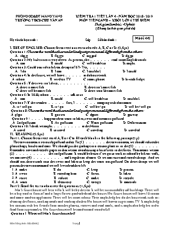 Đề kiểm tra 45 phút năm học 2018-2019 môn Tiếng Anh Lớp 6 lần 4 - Trường THCS Chu Văn An (Có đáp án + Ma trận)