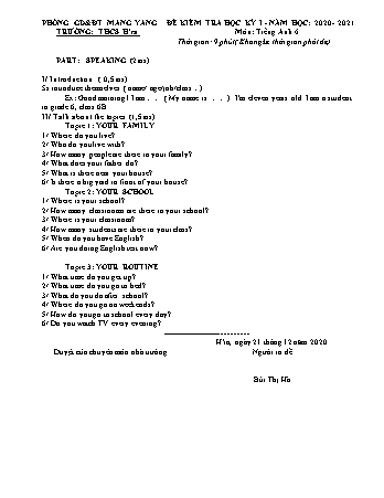 Đề kiểm tra cuối học kì I môn Tiếng Anh 6 (Speaking) năm học 2020-2021 - Trường THCS Hra