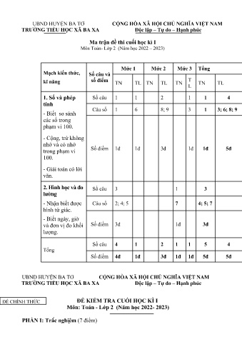 Đề kiểm tra cuối học kì I môn Toán Lớp 2 năm học 2022-2023 - Trường Tiểu học Xã Ba Xa (Có đáp án + Ma trận)