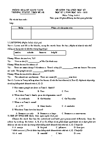 Đề kiểm tra cuối học kì I năm học 2021-2022 môn Tiếng Anh 6 - Trường PTDTBT THCS Đê Ar (Có đáp án)