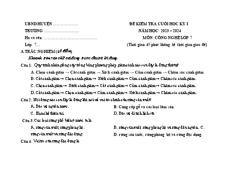 Đề kiểm tra cuối học kì I năm học 2023-2024 môn Công nghệ Lớp 7 (Có đáp án)