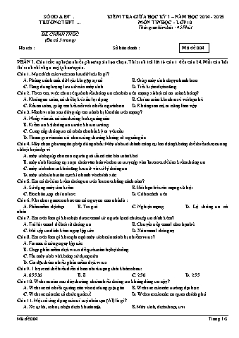 Đề kiểm tra giữa học kì 1 môn Tin học Khối 10 năm học 2024-2025 (Có đáp án)