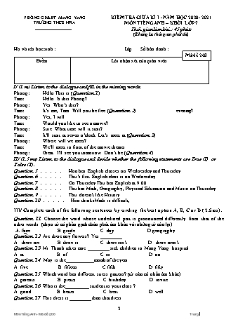 Đề kiểm tra giữa học kì I môn Tiếng Anh 7 năm học 2020-2021 - Trường THCS Hra (Có đáp án + Ma trận)