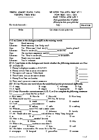Đề kiểm tra giữa học kì I môn Tiếng Anh 7 năm học 2021-2022 - Trường THCS Hra (Có đáp án)