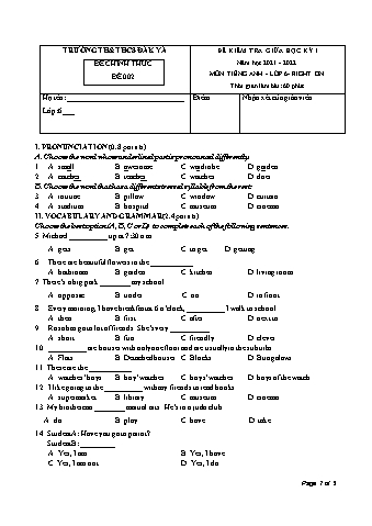Đề kiểm tra giữa học kì I môn Tiếng Anh Lớp 6 năm học 2021-2022 - Trường TH & THCS Đăk Yă (Có đáp án + Ma trận)