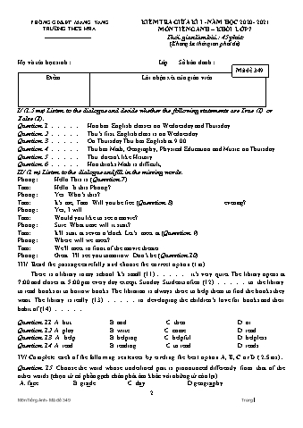 Đề kiểm tra giữa học kì I môn Tiếng Anh Lớp 7 năm học 2020-2021 - Trường THCS Hra (Có đáp án + Ma trận)