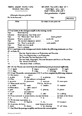 Đề kiểm tra giữa học kì I môn Tiếng Anh Lớp 7 năm học 2021-2022 - Trường THCS Hra (Có đáp án)