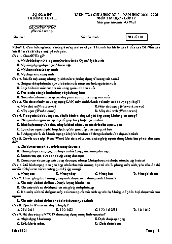 Đề kiểm tra giữa học kì I môn Tin học 12 năm học 2024-2025 (Có đáp án + Ma trận)
