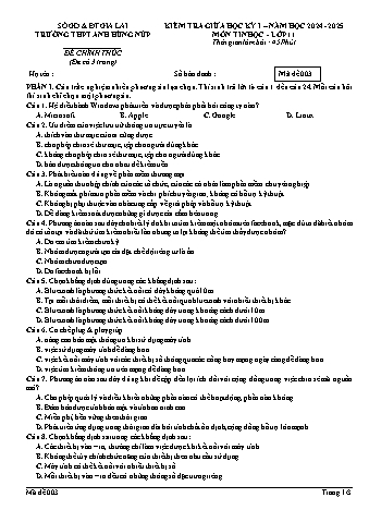 Đề kiểm tra giữa học kì I môn Tin học Khối 11 năm học 2024-2025 (Có đáp án + Ma trận)